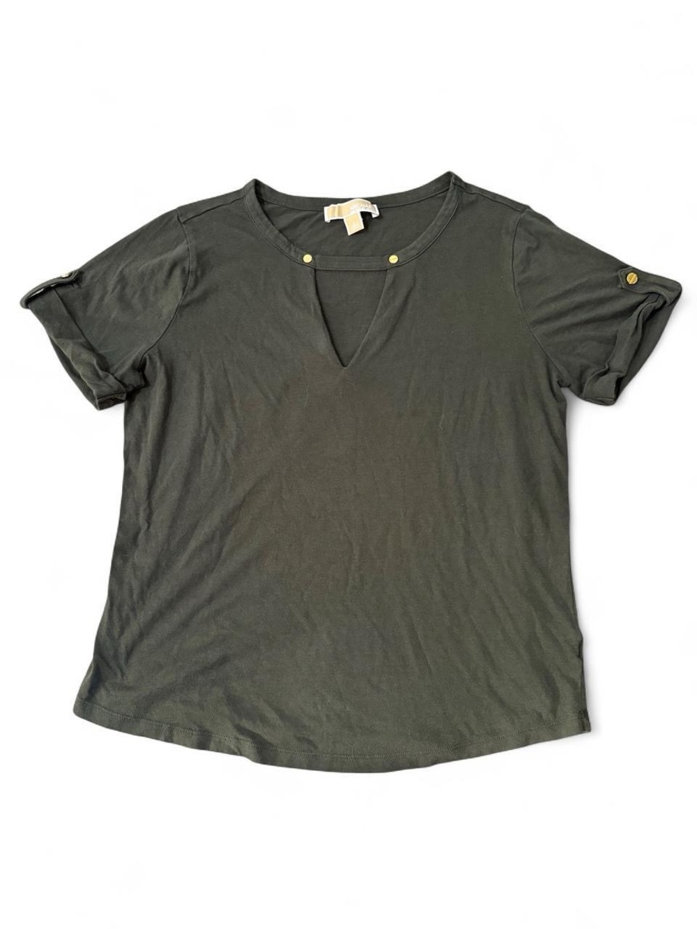 Michael Kors Olive Short Sleeve Keyhole Tee with Button Tabs